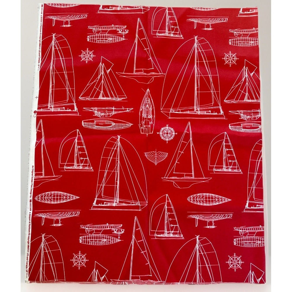 Richloom Solarium Upholstery Fabric Red White Outdoor Sailboats Nautical RARE‎